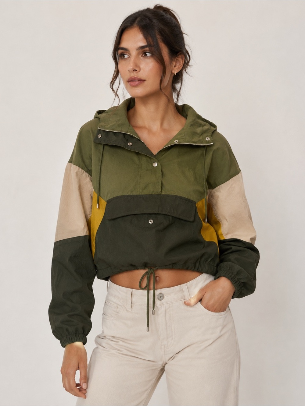 Bershka Olive Green Colorblock Hooded Bomber Jacket